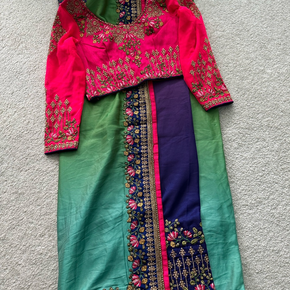 New Ombré Blue and Green Saree with Fully Stitched Hot Pink Embroidered Blouse